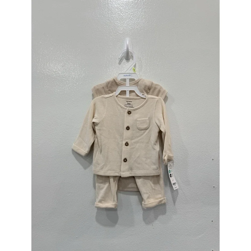 Carter's Baby Boys 3M 3 Piece Outfit Set Beige Cream Cardigan Pants Bodysuit NWT